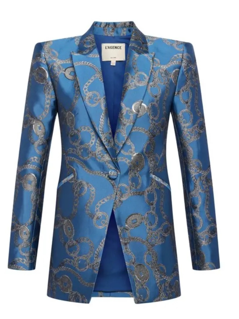 NWT L'AGENCE  Sheila Longline Jacquard Blue Silver Good Luck Chain Blazer Sz 8 - Picture 5 of 16